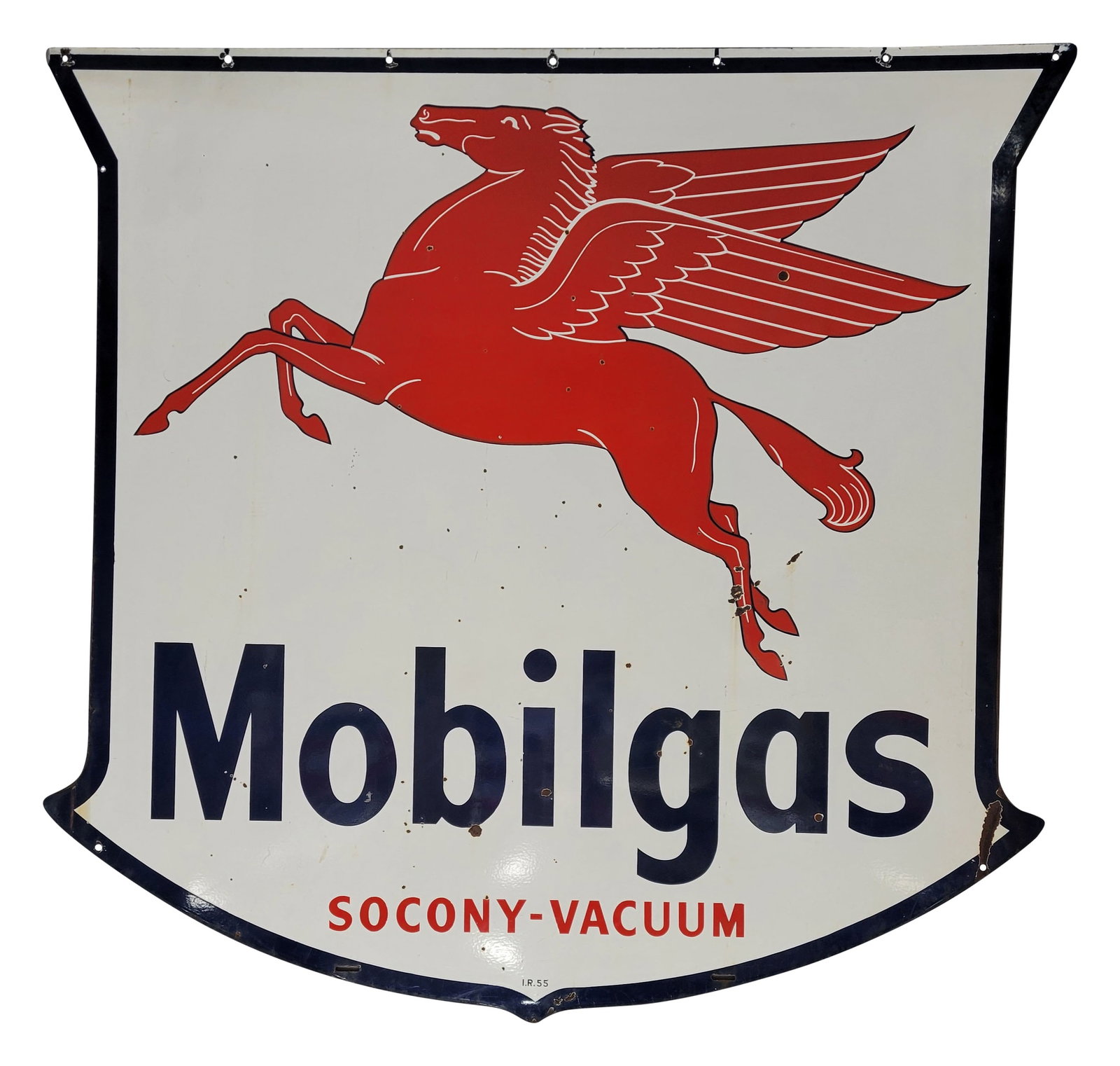 1955 Mobilgas Socony Vacuum 6' DSP Service Station ID Sign w/ Pegasus: 72" x 75", DSP sign has very good color and gloss. Side #1 has light wear with small chips, marks and bruises in the fields. The perimeter has additional chips with a slight bend on the lower left cor