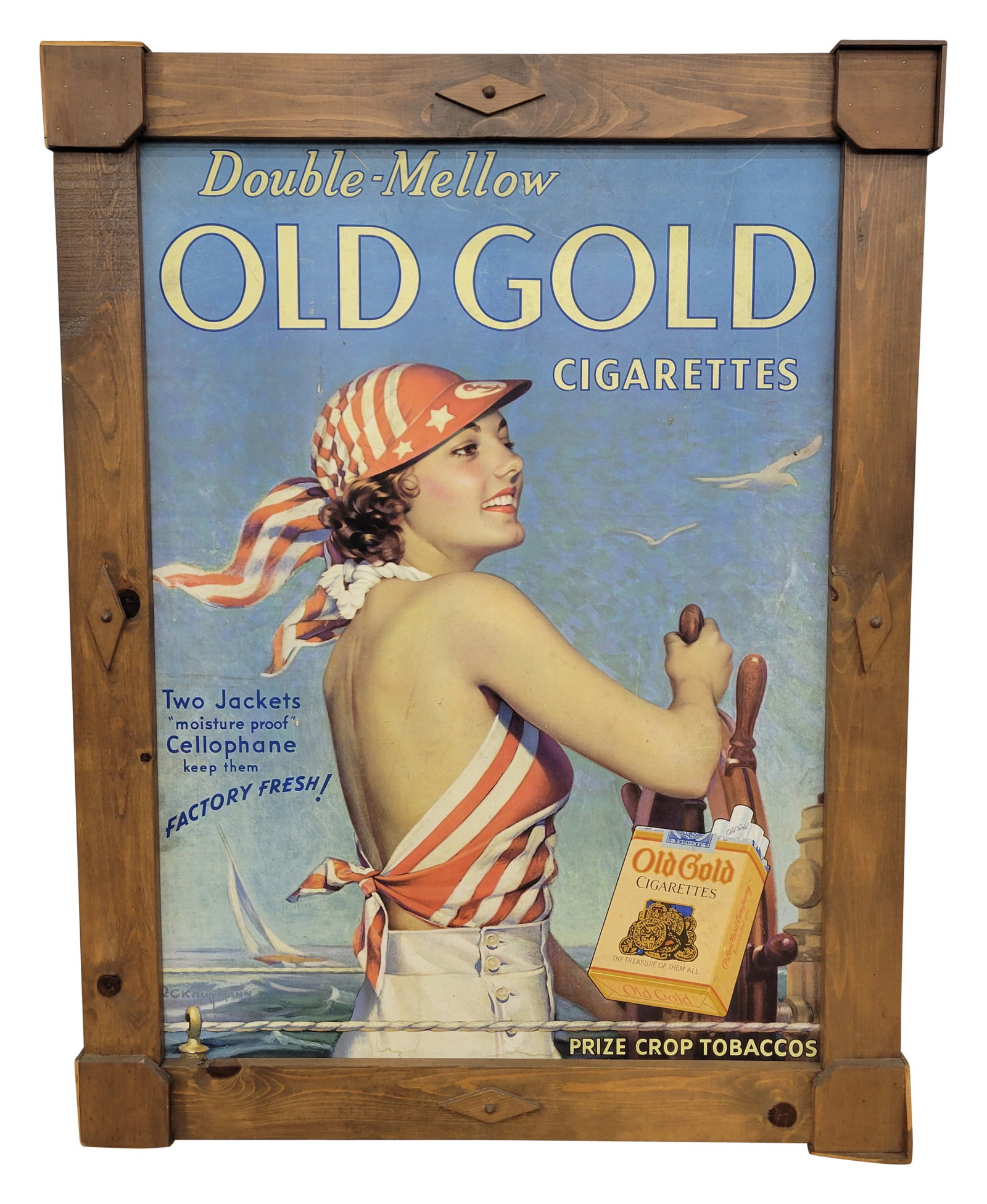 Old Gold Cigarettes Framed Cardboard Litho Advertising Sign: 37" x 48" cardboard stock litho features a sailing pin up girl within a wood frame. The colors are very good and there are a few minor scuffs, scratches, and faint stains in the field. The wood frame