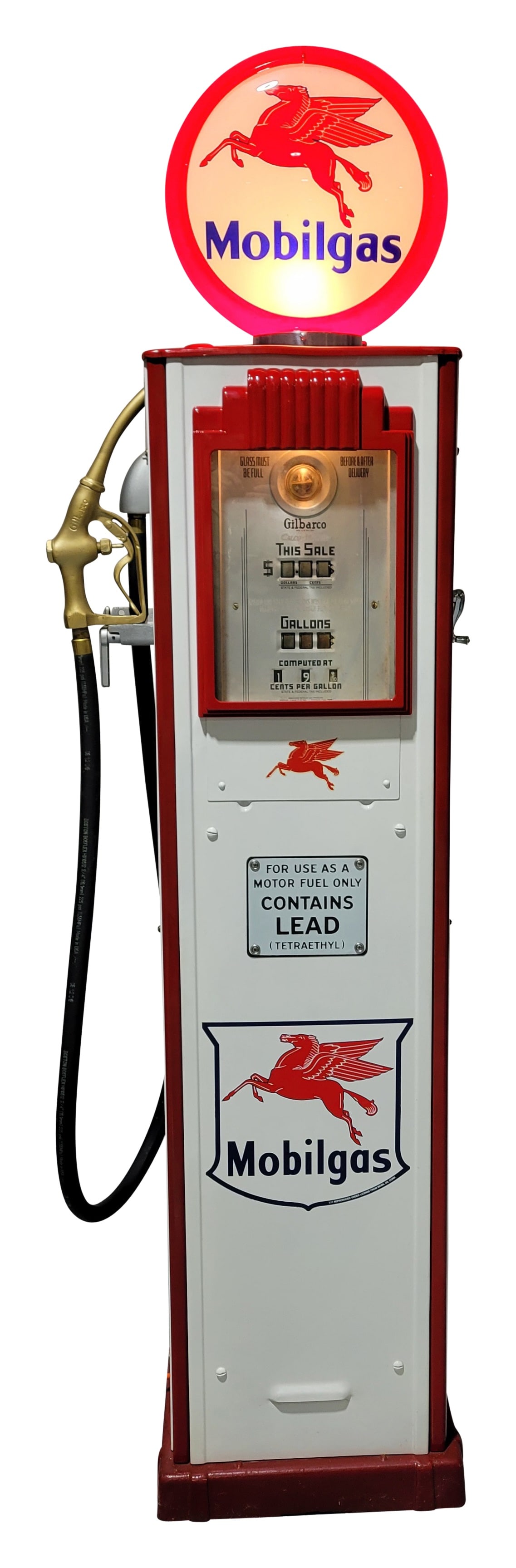 Gilbert & Barker Model #88 Computing Gas Pump Mobilgas Restored: 88" T., Gilbert & Barker Model #88 computing gas pump has been restored. The pump features bright red and white paint with applied Mobilgas decals. The paint has minor imperfections, and the faceplate