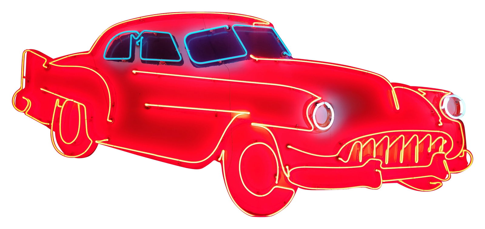 8' Double Sided Die Cut Neon Automobile Sign: 46" x 96" x 17", Double sided plastic sign with added neon and a metal can. The display features hand-painted details on the car with vertical breaks in the plastic. The reverse is in a similar condit
