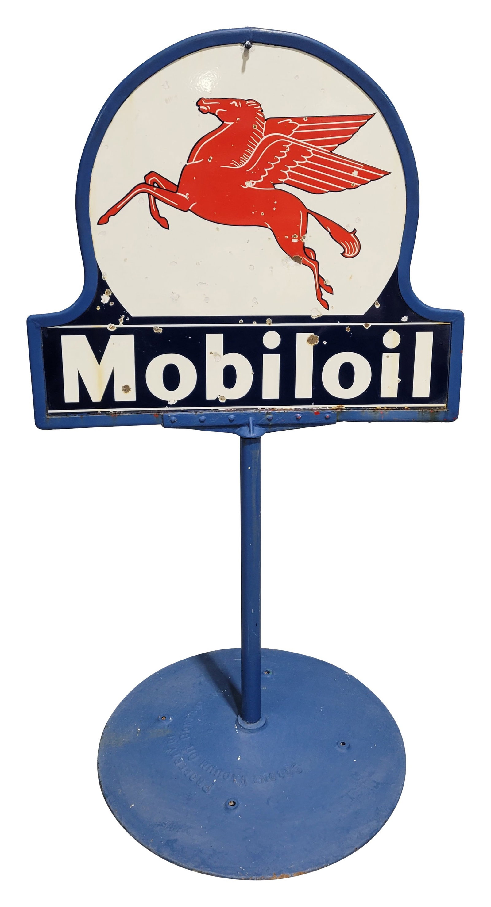 Mobiloil Die Cut Double Sided Porcelain Lollipop Curb Sign: 36.6" x 65" DSP sign showcases the iconic Pegasus logo. There are porcelain chips throughout each side with a large bullet ding near the center. Many of the chips have been touch up with white paint. 