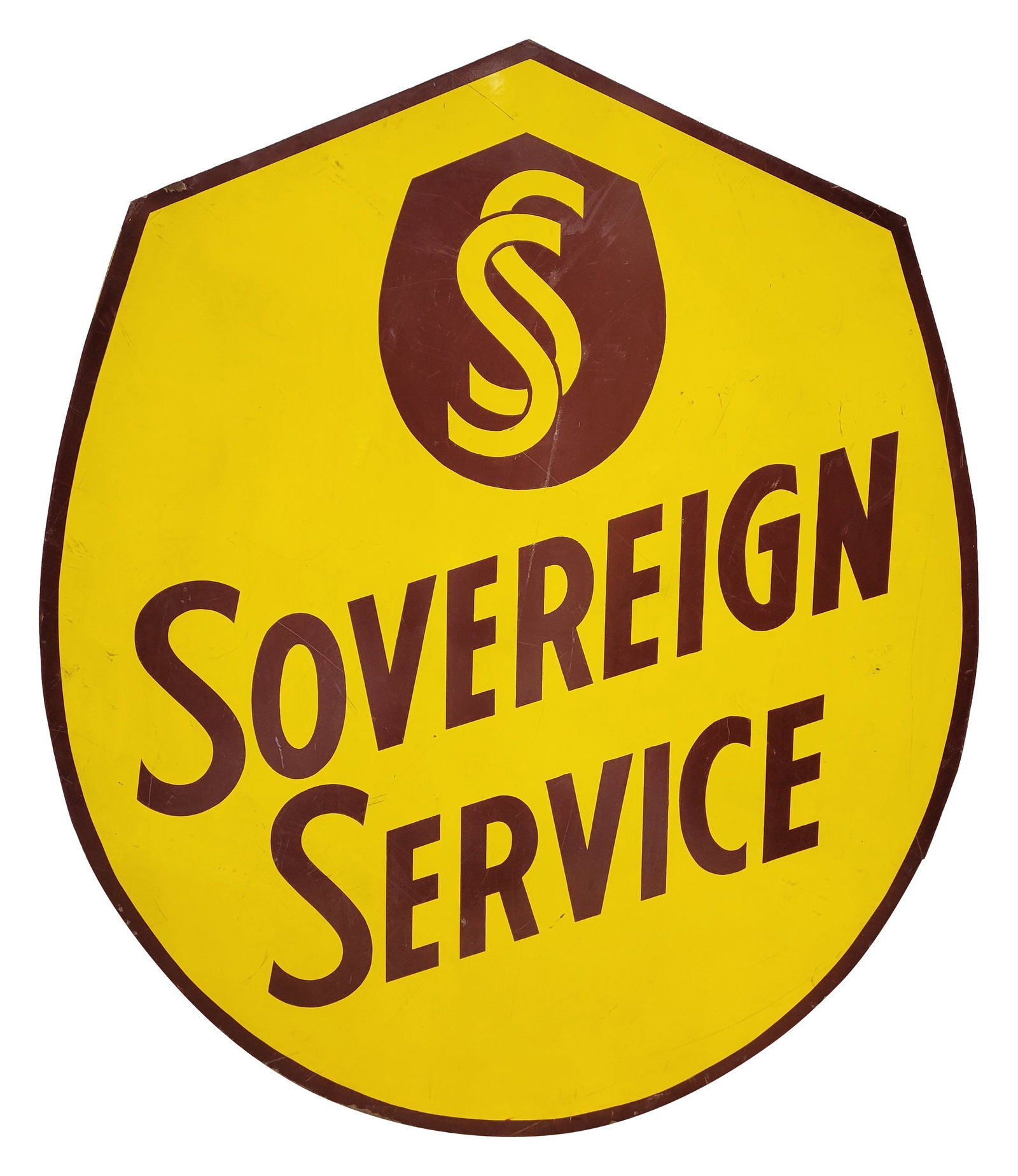 42" Sovereign Service DST Sign: 42" double sided tin sign displays good color on one side with scuffs and scratches in the field. The reverse exhibits more visible wear with deep gouges, and scratches. There are several shallow bend