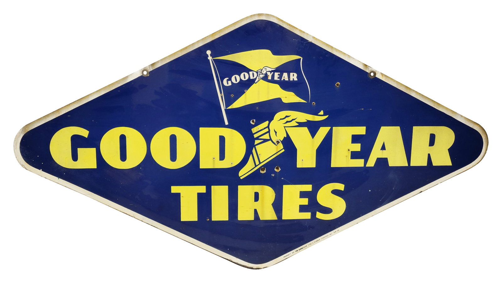 Good Year Tires DSP Sign With Logo: 48" x 26.5" double-sided porcelain sign shows signs of wear, including small chips and rust on one side. Stains can be seen along the edges. The reverse side is in similar condition with oxidation not