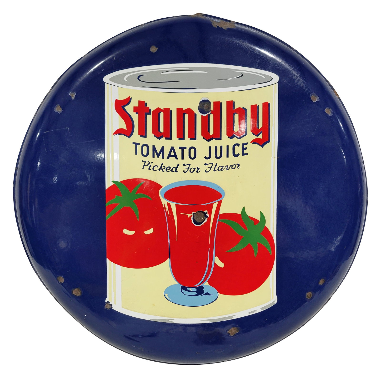 36" Standby Tomato Juice Picked For Flavor SSP Button Sign: 36" single sided porcelain sign exhibits bright colorful graphics with several chips and small scratches in the field. The edges display wear with chips and there is damage at the top mounting hole wh