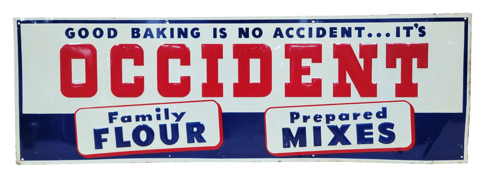 Occident Family Flour Prepared Mixes Embossed SST Sign: 35.5" x 11.75" single sided tin sign features embossed letters with excellent color and shine. There are fine scratches on several of the raised letters and a shallow vertical bend on the right end of