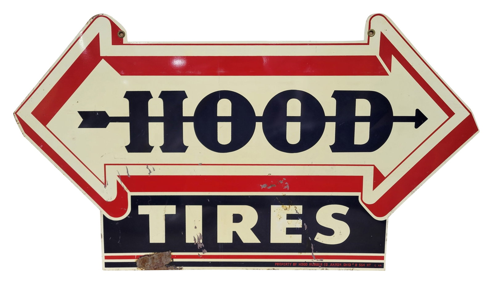 Hood Tires SST Die Cut Sign: 42" x 24" double-sided tin sign shows signs of wear, including flaked paint and rust on one side. The reverse side is in slightly better condition, featuring good color and shine along with minor scra