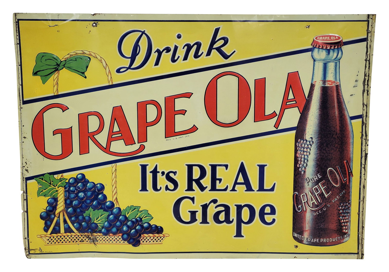 Drink Grape Ola Embossed SST Sign: 27.5" x 19.5" embossed SST sign displays good colors with fine scratches throughout and small flecks of flaked paint in the outer field. There are multiple small holes present along the outer field. T