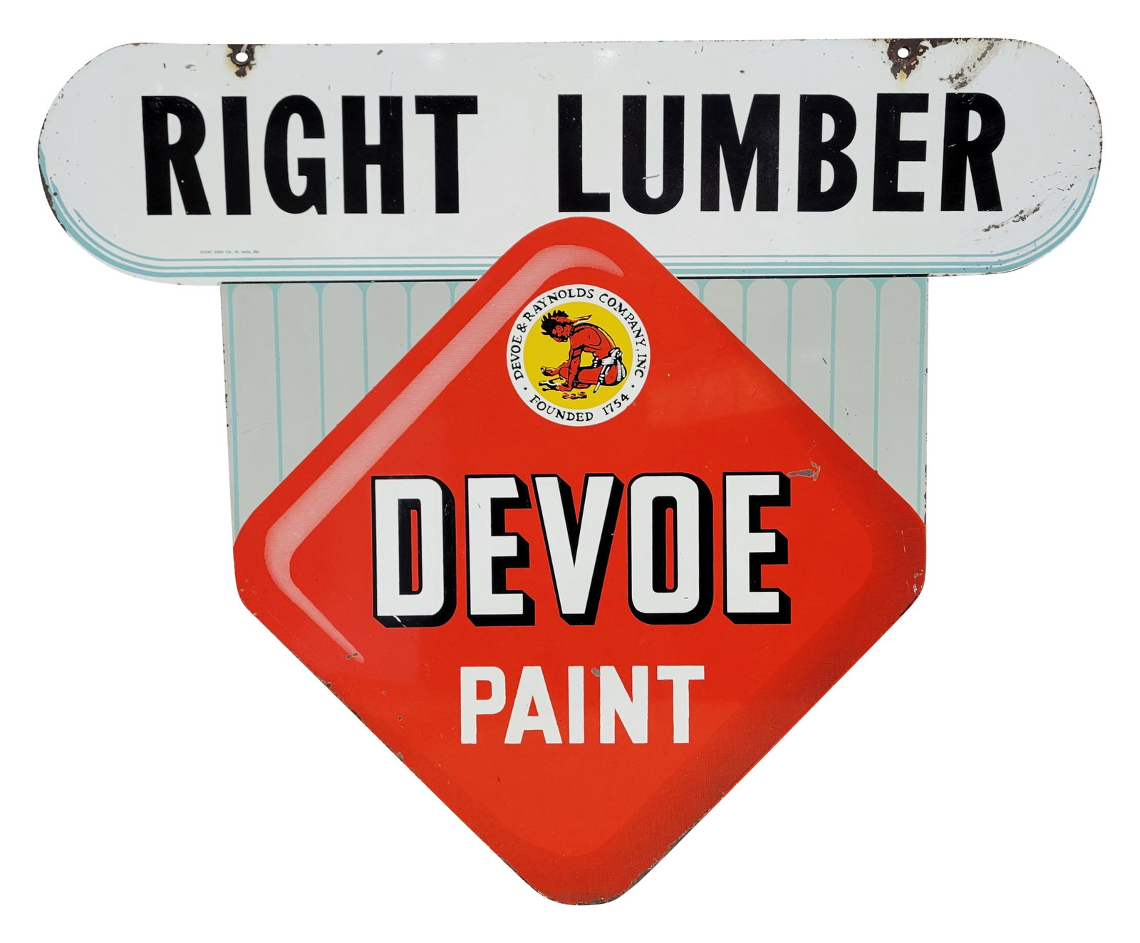 Right Lumber Devoe Paint DST Die Cut Sign: 35" x 30" DST sign exhibits bright colors and good shine on each side. There are scuffs, scratches, areas of flaked paint along the perimeter and at the mounting holes. Stout Sign Co.