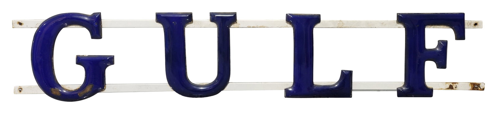 Gulf Porcelain Service Station Letters: 65.5" x 12" Gulf letters are mounted to a porcelain bracket. The letters exhibit wear with chips and discoloration. The porcelain brackets are in similar condition with white paint in areas and a smal