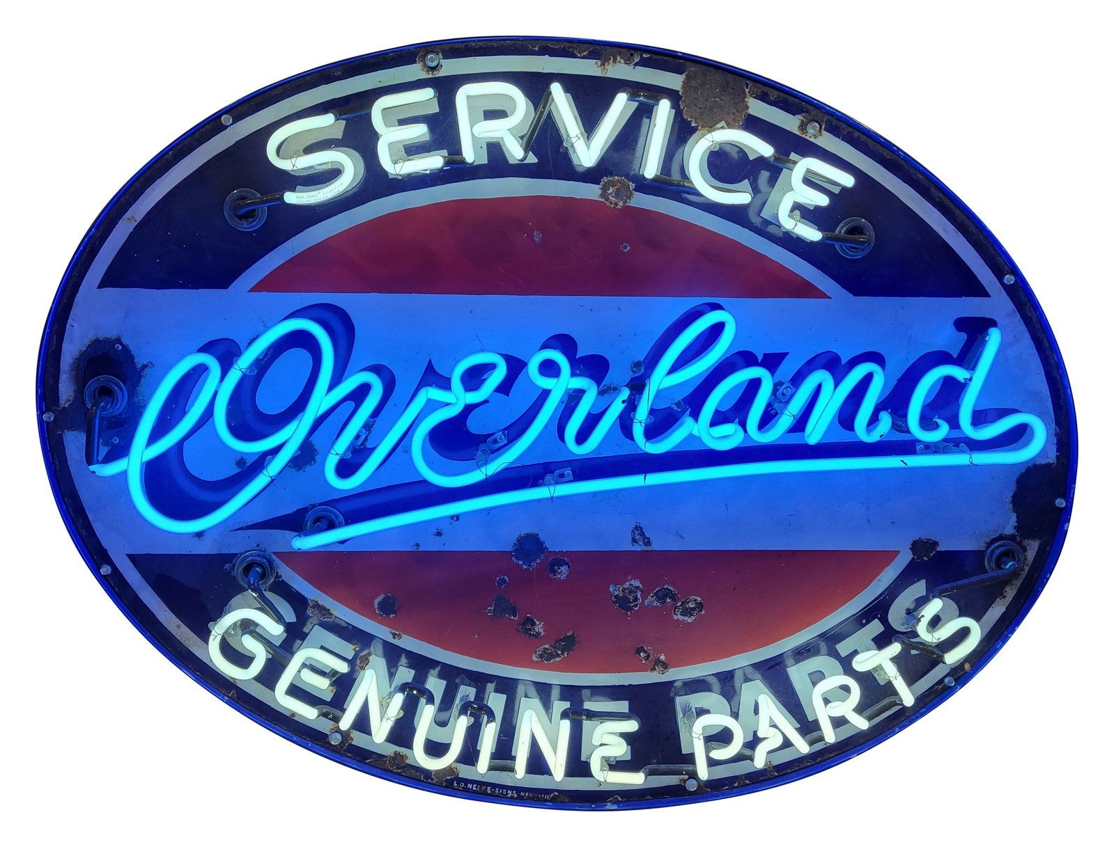 Overland Service Genuine Parts 39" SSP Neon Sign: 30" x 39" x 9", SSP sign with added neon and a new metal can has good color and gloss. The display has chips with surface wear. The perimeter has larger chips with metal loss at the left hand insulato