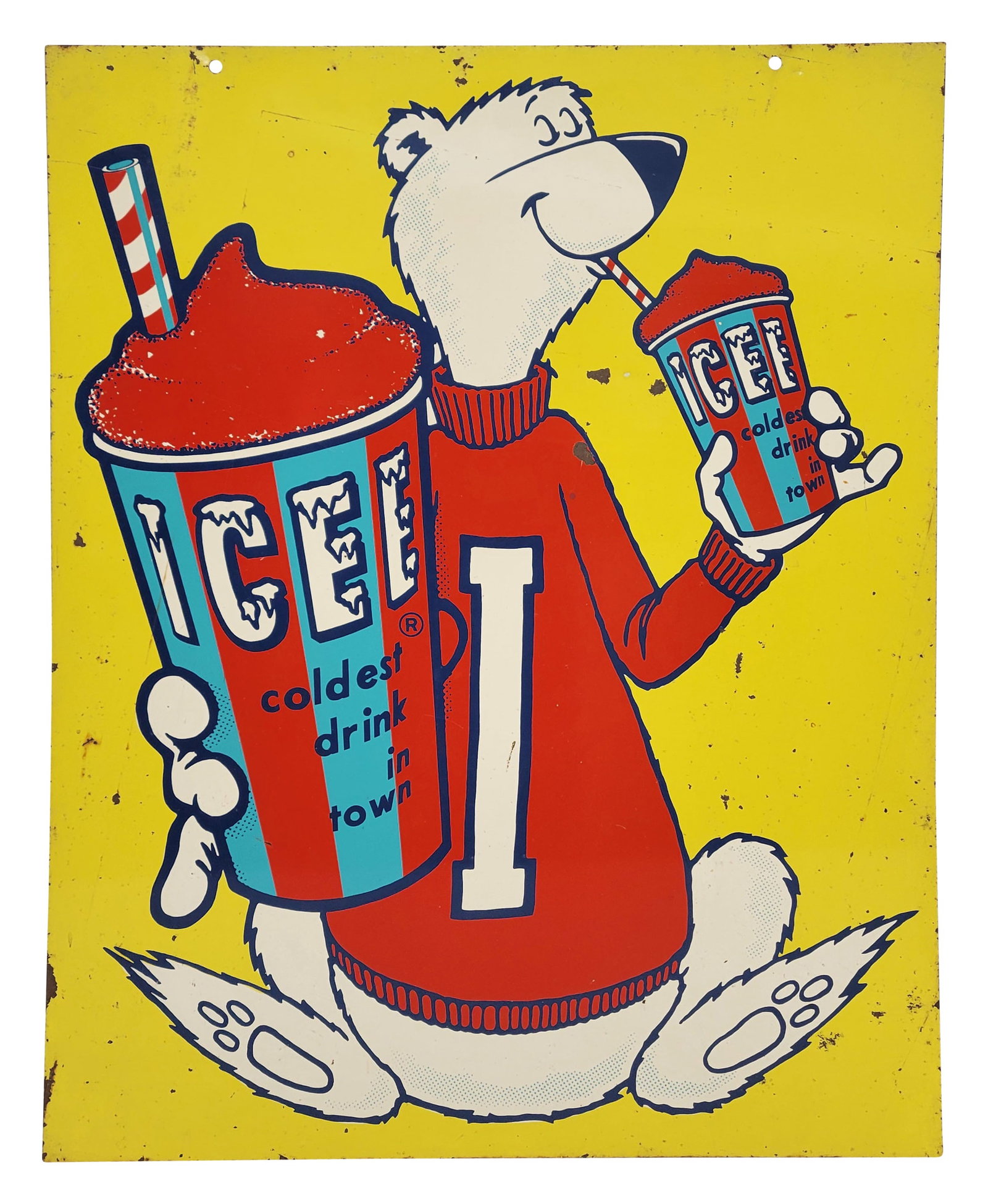 Icee Coldest Drink In Town Double Sided Tin Sign: 24" x 30" DST sign exhibits bright colorful graphics of the iconic polar bear mascot on each side. Side one displays heavy wear with scratches, rust, and flaked paint throughout. The reverse is in bet