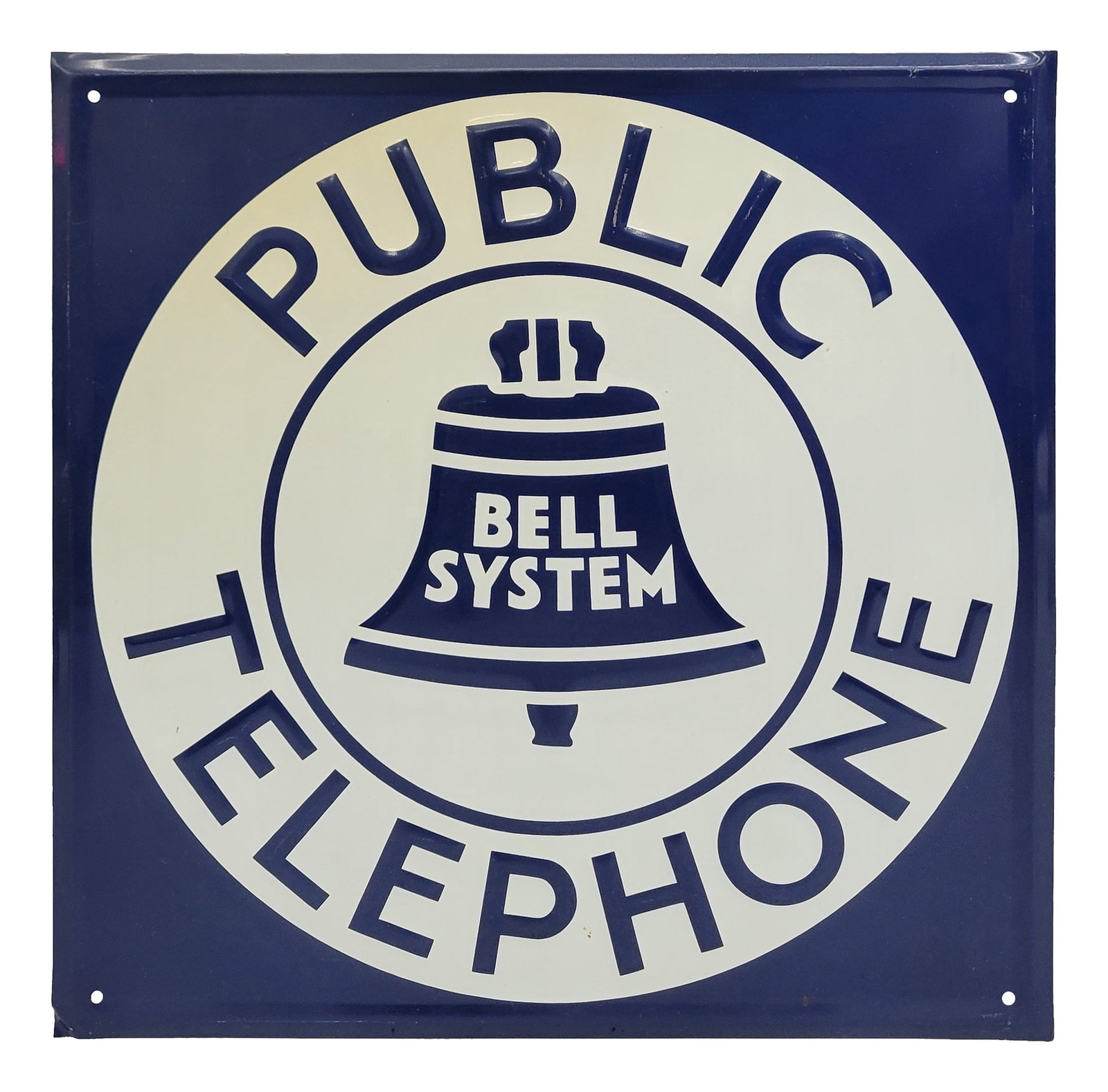 Bell System Public Telephone Embossed SST Sign NOS: 11" x 11" NOS (new old stock) SST sign displays well with excellent and shine. The field is very clean with the exception of some minor toning at the top perimeter in the white area. There is very sma