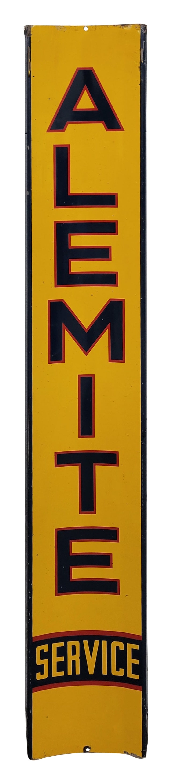 Alemite Service Curved Single Sided Tin Sign: 9.5" x 57" curved vertical SST sign displays good color and shine with light wear throughout including scratches, chipped paint, and edge wear.