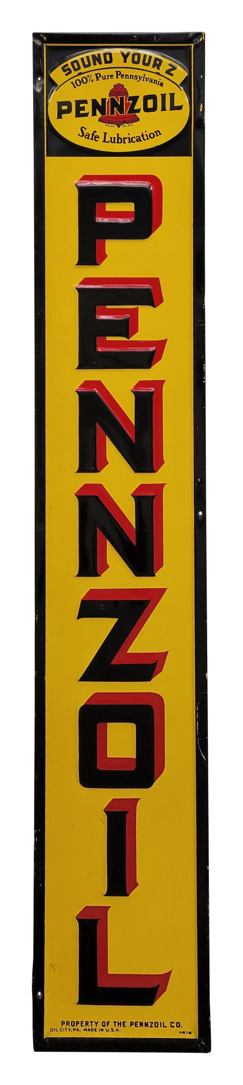 Pennzoil Sound Your Z Embossed Single Sided Tin Sign: 10" x 58" vertical embossed self framed SST sign displays strong color and high shine with light wear in the field including small scuffs and scratches. The self framed perimeter has mount holes on th