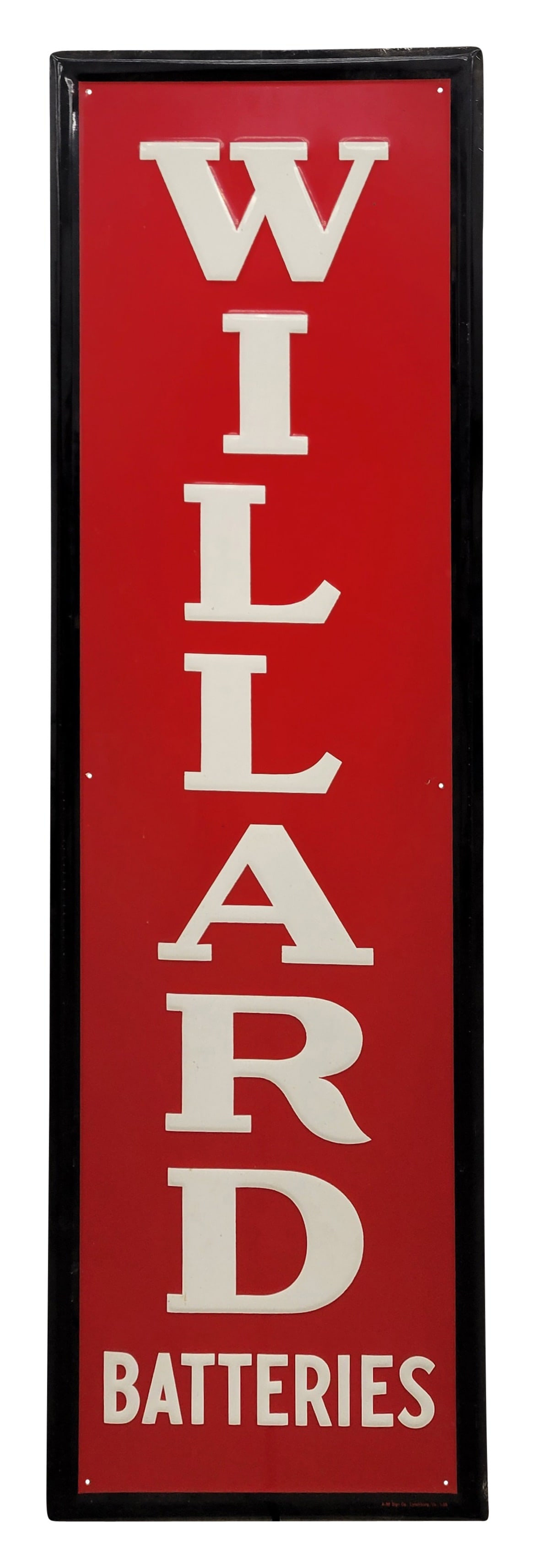 Willard Batteries Embossed Single Sided Tin Sign: 17.75" x 60" vertical embossed self framed SST sign displays strong color and high shine throughout with light scuffs in the field. The perimeter has light wear with scratches. A-M Sign Co. 1-59.