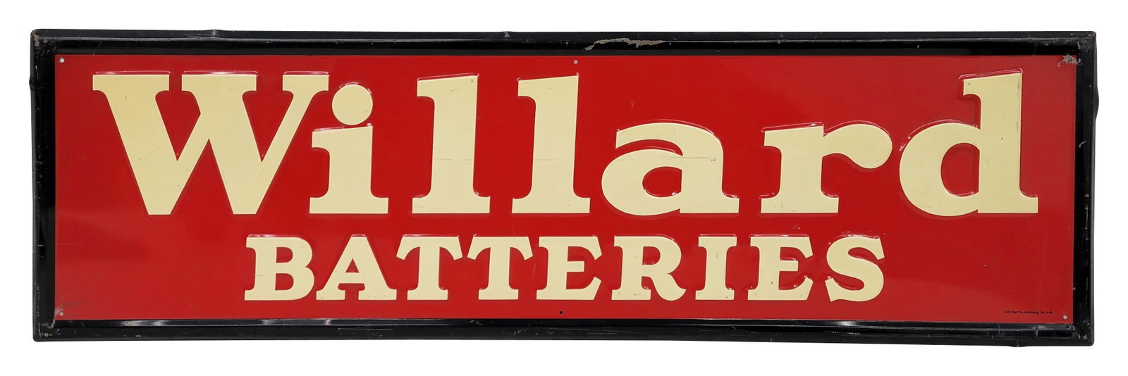 Willard Batteries Embossed Single Sided Tin Sign: 60" x 17.75" embossed self framed SST sign exhibits good and shine with wear in the field and perimeter. There are scuffs and scratches throughout with minor shallow bends around the perimeter. A-M Si