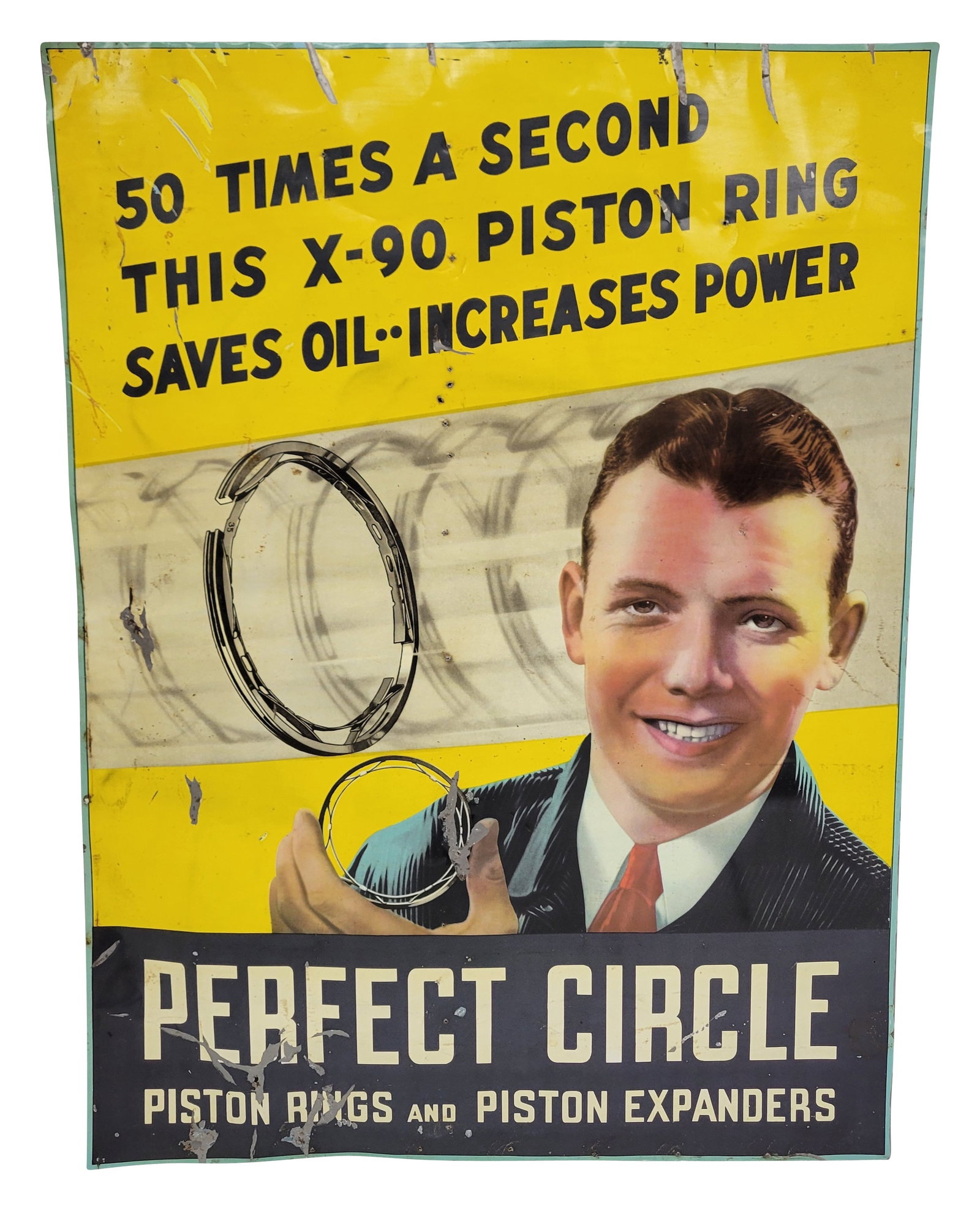 Perfect Circle Piston Rings DST Sign: 18.5" x 25" single sided tin sign exhibits moderate wear throughout with small bends, scratches, and flaked paint.