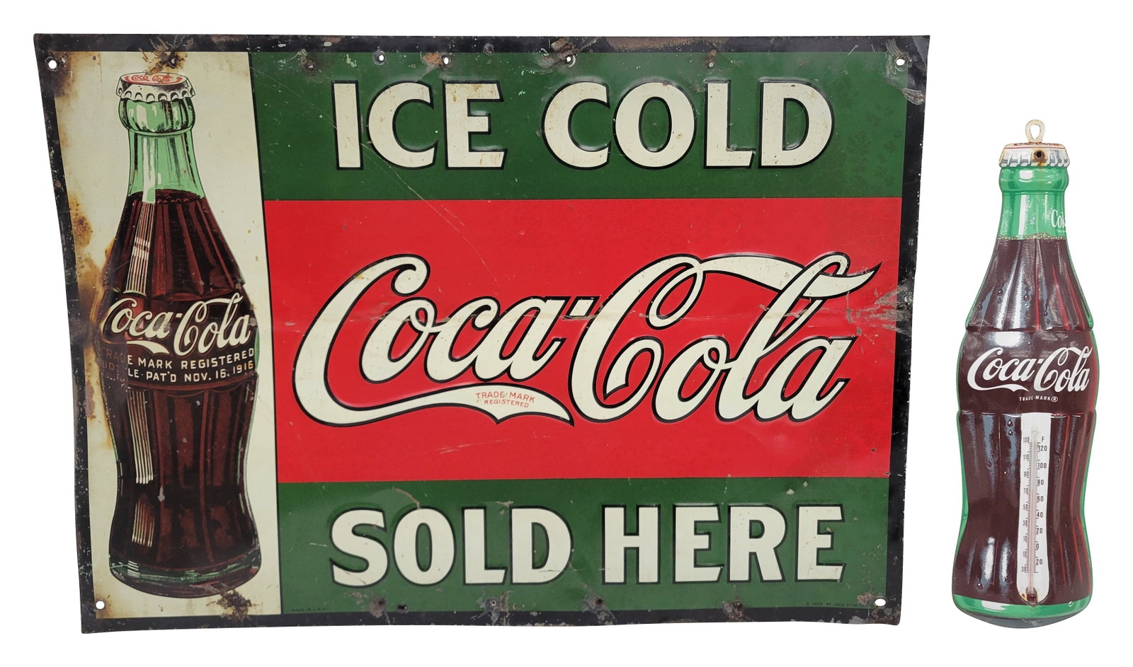 1926 Ice Cold Coca Cola Sold Here and Coca Cola Bottle Thermometer (1 of 3)