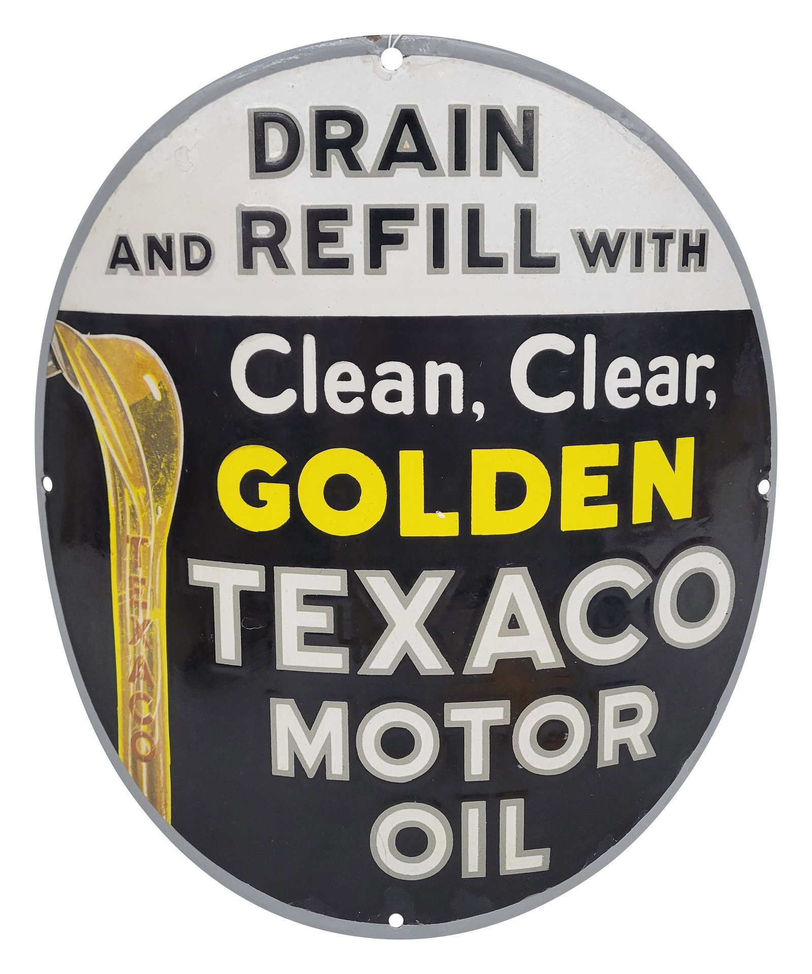 Clean Clear Golden Texaco Motor Oil Curved Porcelain Pump Plate: 13.75" x 15" displays good color with multiple areas of restoration. Several of the restored chips have an uneven surface. There is minor wear around the perimeter.