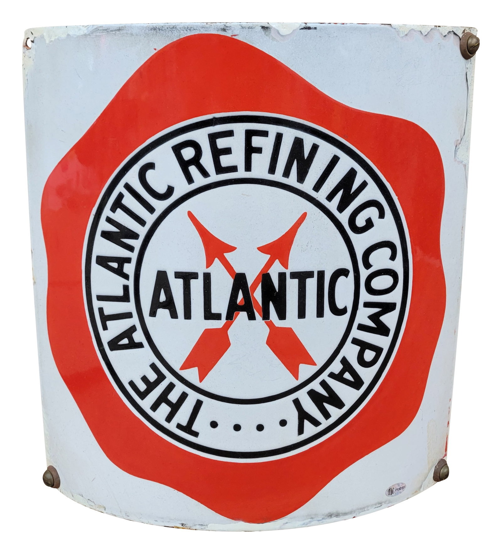 The Atlantic Refining Company Curved Porcelain Pump Plate Sign TAC: 12" x 13" SSP curved gas pump plate sign features heavy shelving with excellent gloss and color. The field is very clean with minor marks and the perimeter displays wear with chips that have been touc