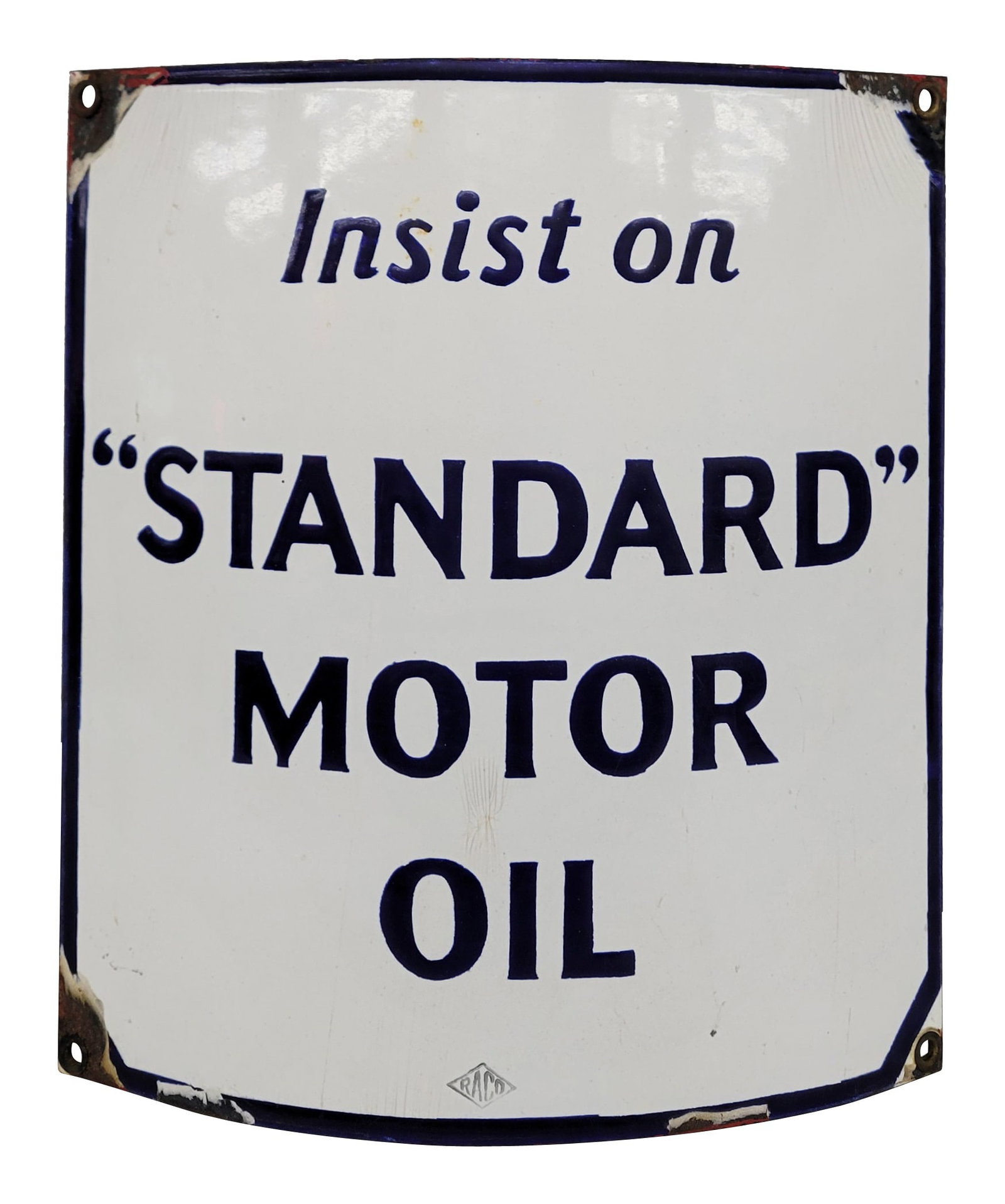 Insist On Standard Motor Oil SSP Curved Pump Plate Sign: 10.5" x 12" single sided porcelain curved gas pump plate exhibits good color and gloss with light crackling in the porcelain beneath the word "Motor" and also crackling adjacent to the 2 upper mount h