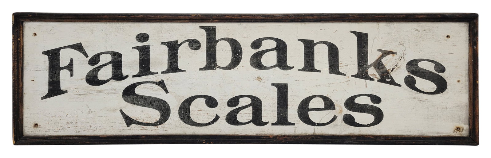 Fairbanks Scales Single Sided Wood Sign: 43" x 12.5" single sided painted wood sign is encased within a wood frame. The sign and frame each display signs of age and patina with chipped paint and moderate fading. There are several mounting ho
