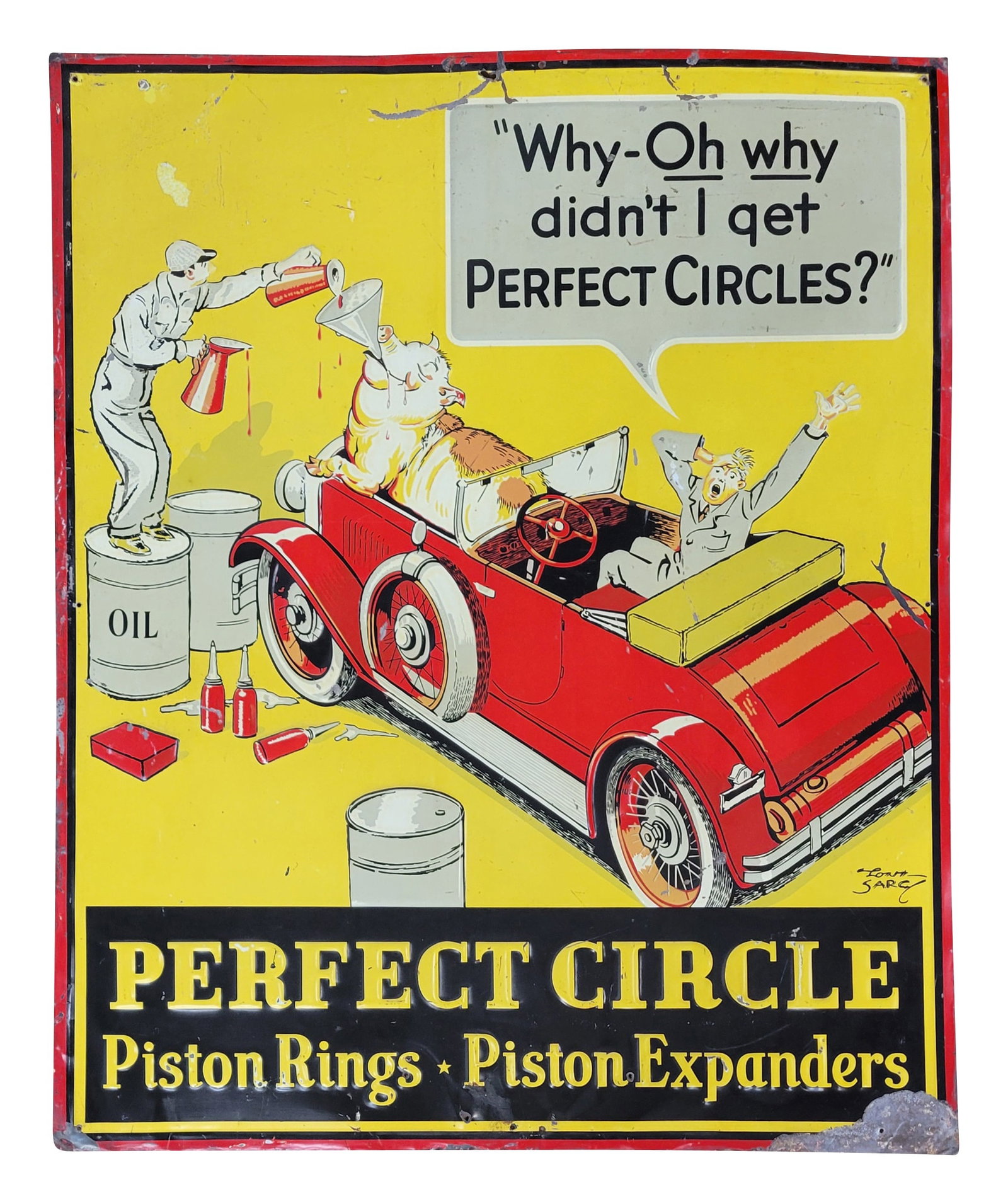 Perfect Circle Piston Rings Embossed Single Sided Tin Sign: 29.5" x 36" SST sign features colorful embossed graphics. There are scratches, shallow bends, and areas of flaked paint in the field. Several non factory mount holes have been added around the perimet