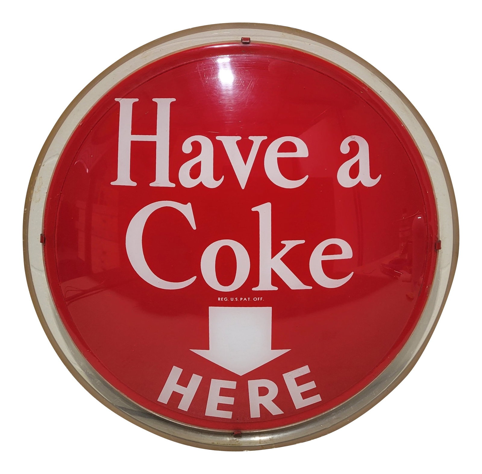 Have A Coke Here Light Up Plastic Button Sign Coca Cola: 16" plastic light up sign features a plastic face and trim with a metal can on the back. The display area is in good condition with bright color, good shine, and minor scratches. The outer plastic tri
