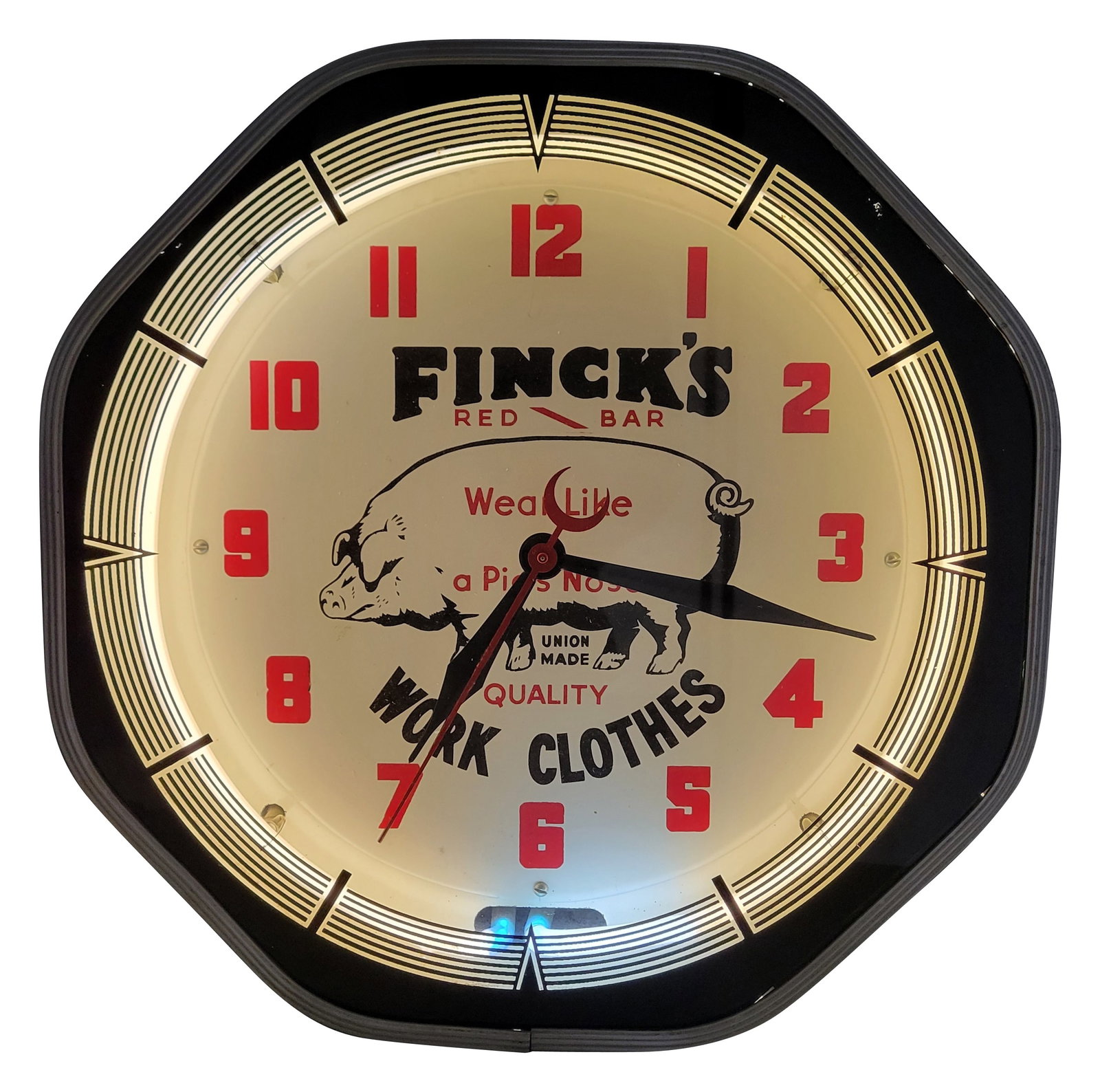 Finck's Work Clothes Neon Advertising Clock (1 of 3)