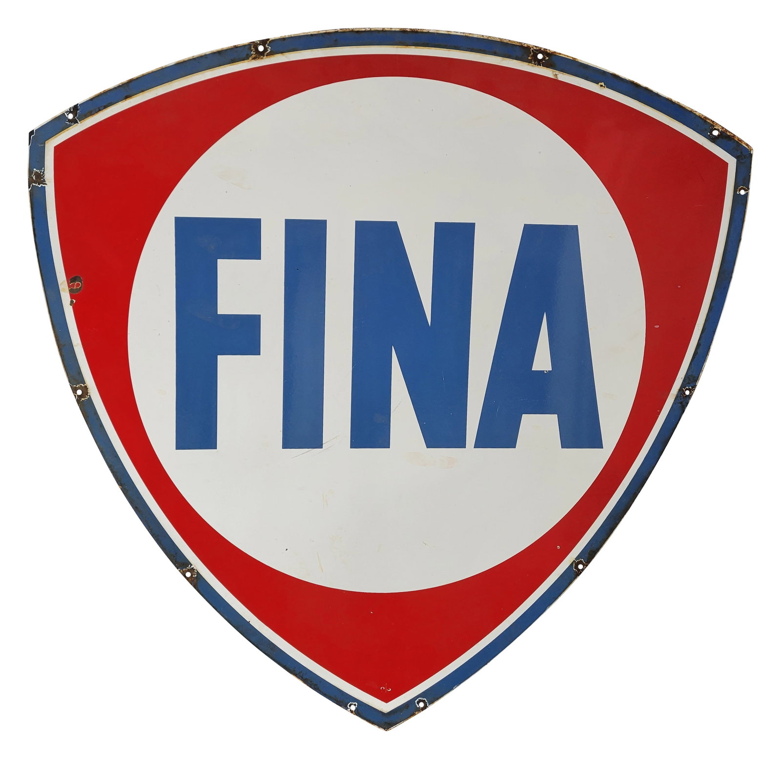 4ft Fina Gasoline DSP Service Station Sign: 48" x 48" double sided porcelain sign displays very good color and gloss on each side with several very small chips, minor scratches, and a bullet ding with chips near the edge. The perimeter exhibits