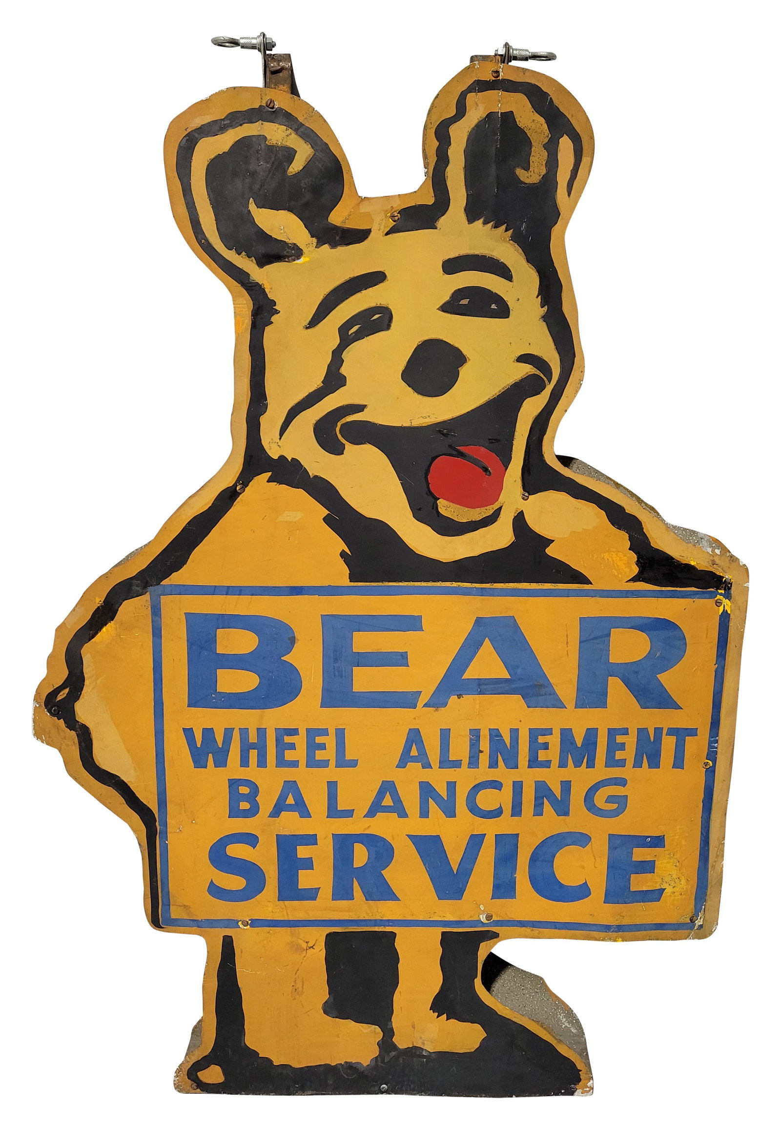 Bear Wheel Alinement Balancing Service Sign: 36" x 53" x 3.25" DST sign consists of 2 die cut painted tin signs mounted with screws to a 3" thick metal frame. Each sign exhibits signs of age and wear with slight fading, scratches, shallow bends,