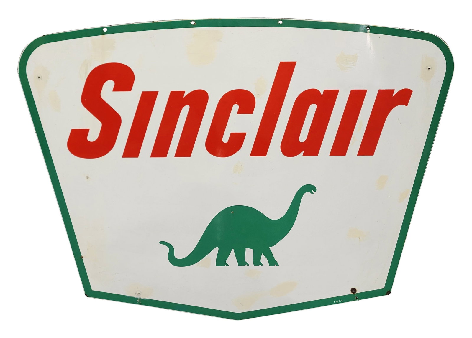 Sinclair Gasoline DSP Dealer Sign: 59" x 43" DSP dealer sign features the Dino logo. It displays bright colors and moderate shine on each side. There are minor chips, a few scratches, and areas of oxidation. The areas of oxidation have