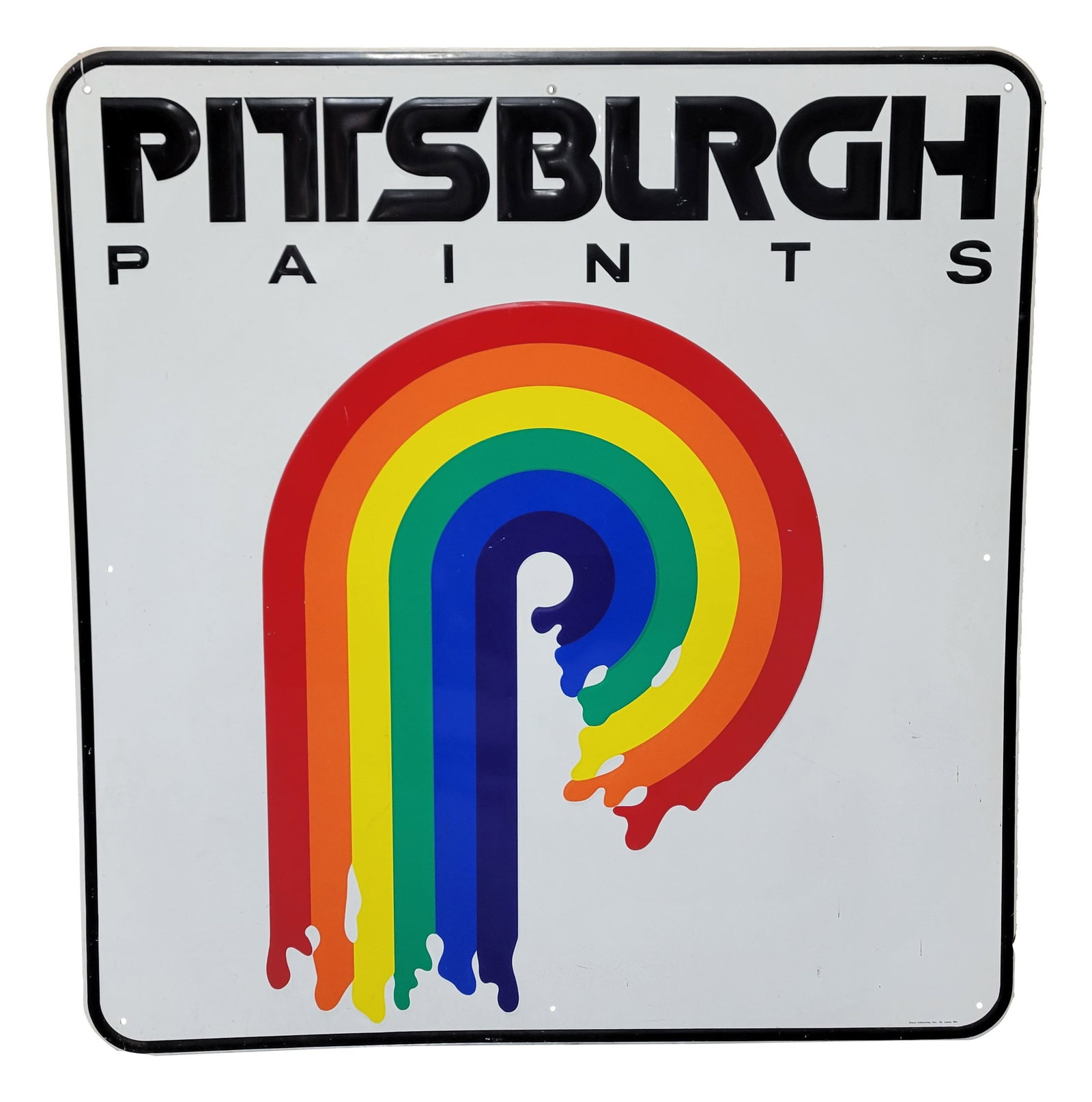 Pittsburgh Paints 4' Emb. SST Sign w/ Logo: 48" x 45", SST embossed self-framed sign has excellent color and shine. The display has light wear with small, fine scratches in the logo and lettering. The perimeter has minor wear with a small edge 