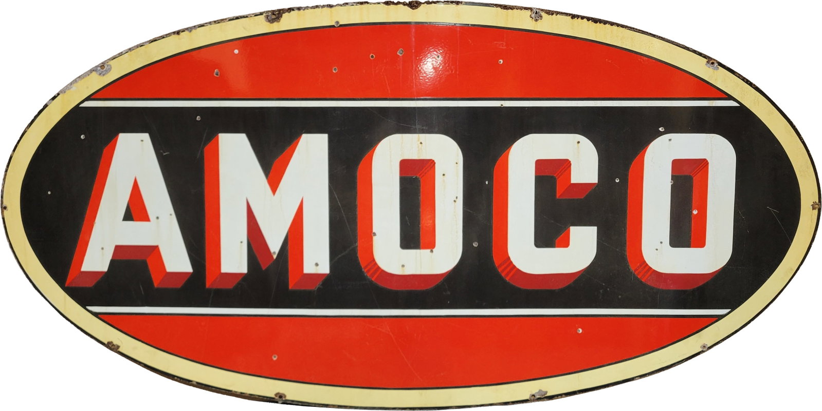 Amoco Gasoline 8' SSP ID Sign: 48" x 96", DSP sign has good color. The display has chips, fine scratches, discoloration and cloudiness. The perimeter has edge wear with chips and metal loss along the upper edge. The reverse has hea