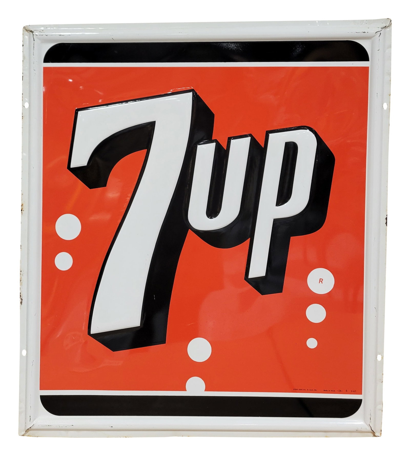 7Up Embossed Single Sided Tin Sign: 31.25" x 35.75" single sided tin sign features embossed 7up letters with the bubble logo. It displays very well with excellent color and high shine. There are a few minor fine scratches in the field. 