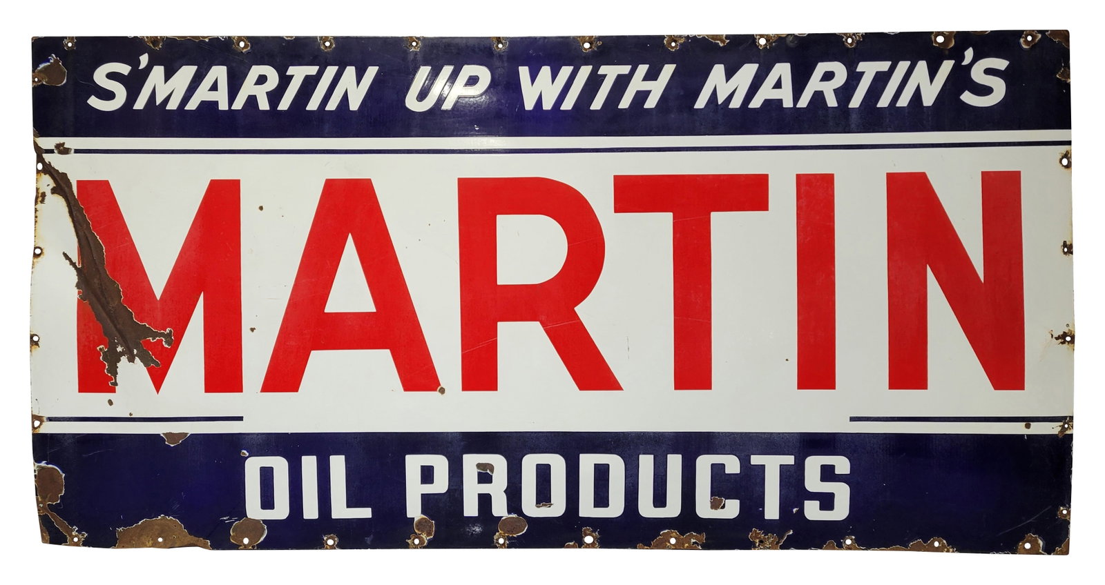 8ft Martin Oil Products S'martin Up With Martin's SSP Sign: Large 96" x 48" SSP sign displays good color with small minor chips in the field and larger chips along the perimeter. Light oxidation is present on the blue and red porcelain surfaces. There is a sig