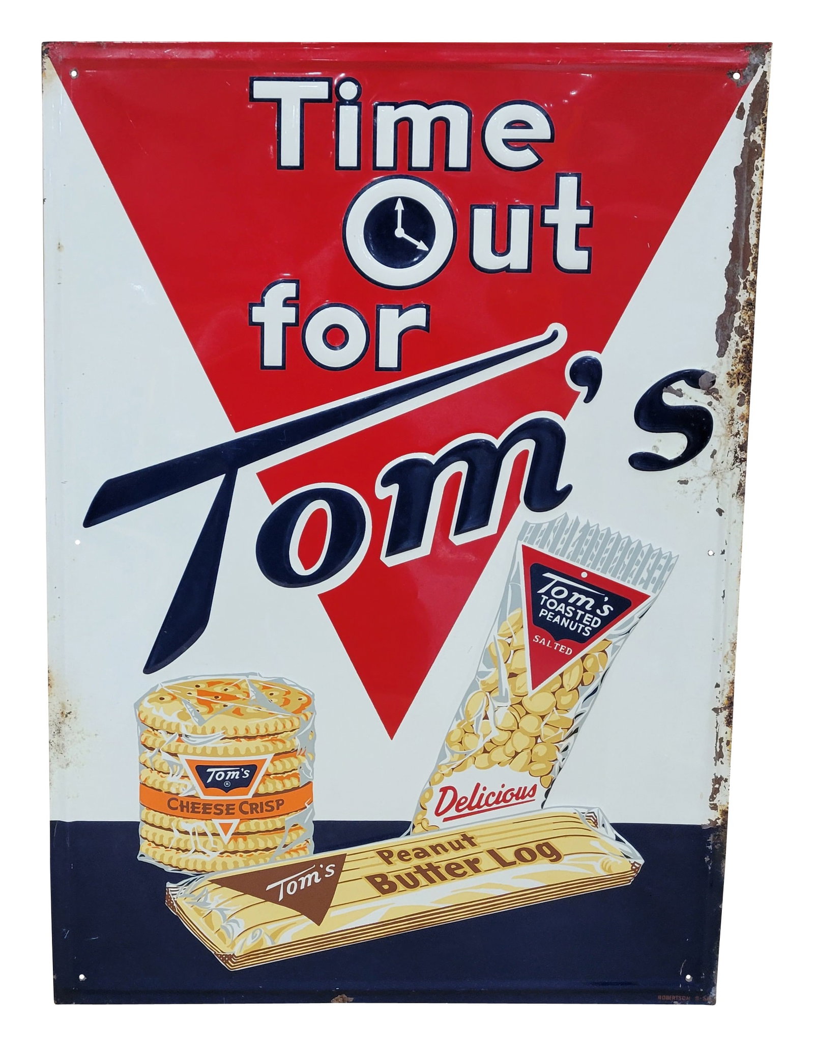 Time Out For Tom's Embossed SST Sign: 19.5" x 28" single sided tin sign features embossed lettering and great Tom's graphics. The sign displays very good color with light wear to the surface. The outer edges have noticeable wear with flak