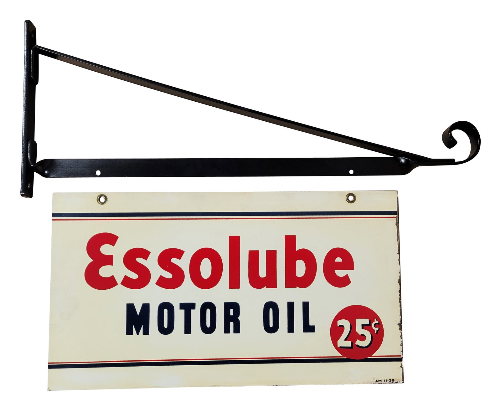 Essolube Motor Oil 25 Cents DST Sign With Bracket: 18" x 10" DST sign displays good color and shine on each side with fine scratches throughout. There are areas of flaked paint along one edge. One side exhibits toning and faint stains. The new metal b