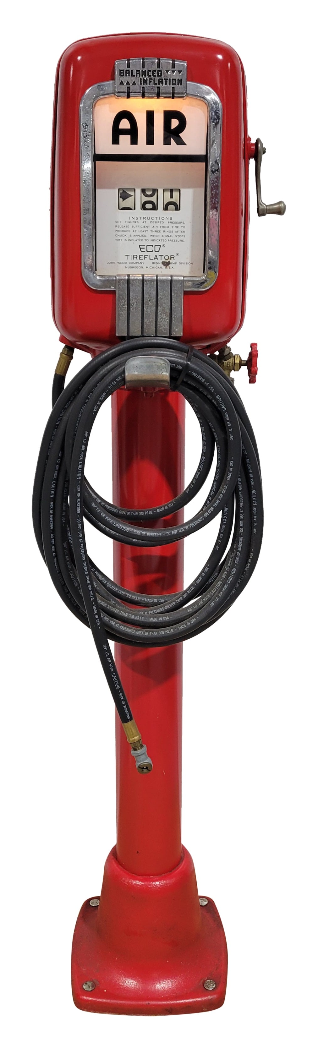 Restored Eco Tireflator Air Meter With Water: 49.5"t restored Eco Tireflator is in excellent condition with the water spigot feature and an illuminated face. There is minor pitting in the chrome and the inside face has some dirt at the bottom edg