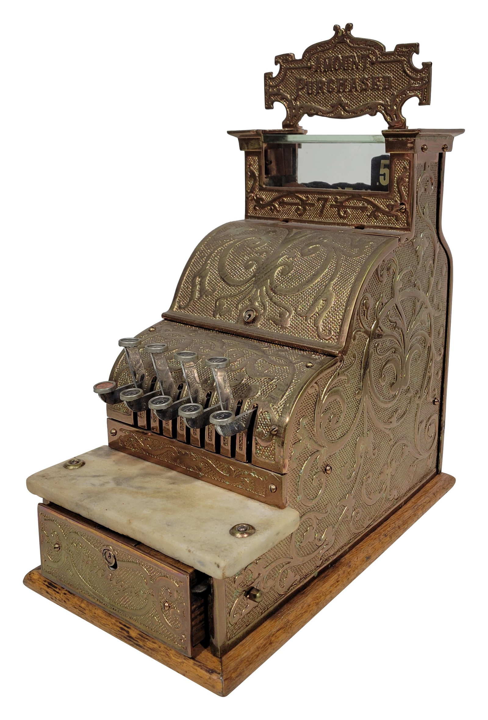 Michigan Model #7 Candy Store Cash Register: 9.75" x 21" x 16.25" Michigan model #7 cash register is in very good working condition and features an elegant design with wooden base. All register keys and number indicators operate correctly, and t