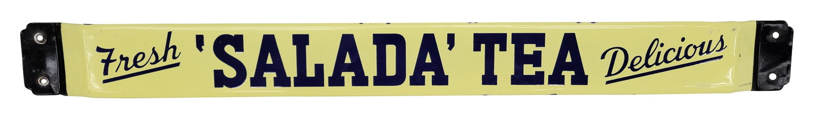 Fresh Salada Tea Delicious SSP Door Push Sign: 32" x 13" single sided door push sign exhibits excellent color and gloss. There are small chips along the top and lower edges with minor wear at each of the mounting brackets. P and M Orillia 56.