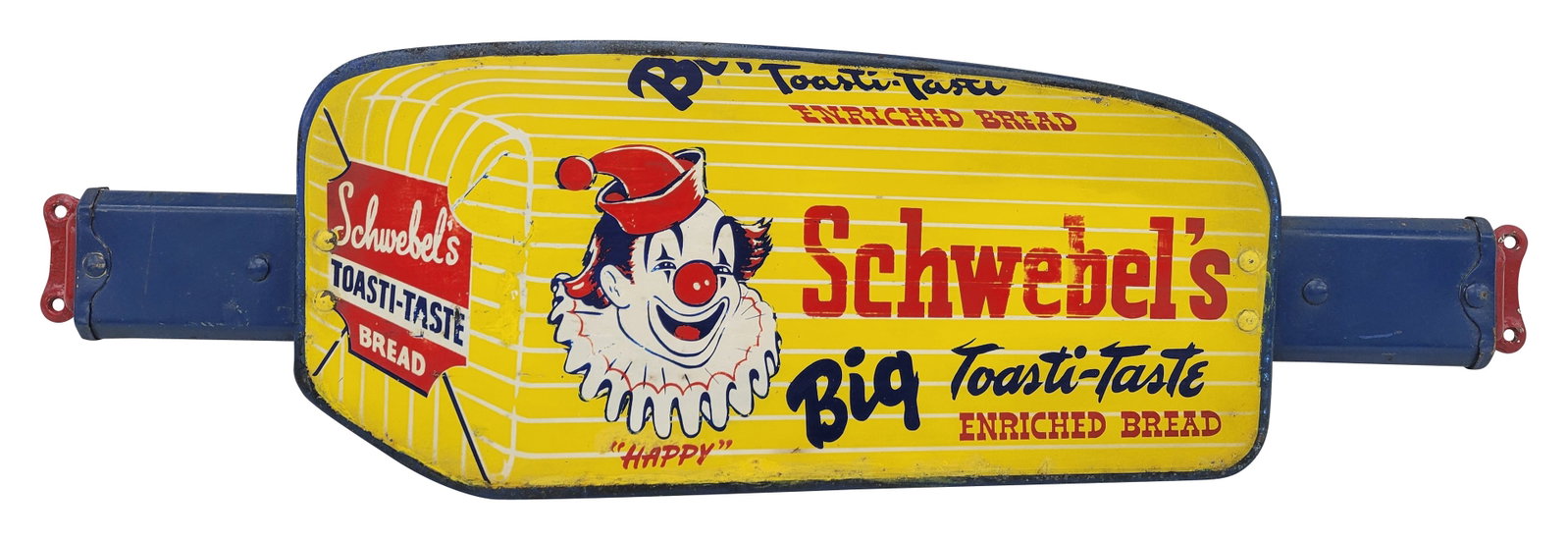 Schwebel's Big Toasti Taste Bread Double Sided Door Push: 29.5" x 8.75" double sided metal door push exhibits moderate wear throughout the field and perimeter with touched up areas. The back side features embossed Thanks! Call Again lettering that have been