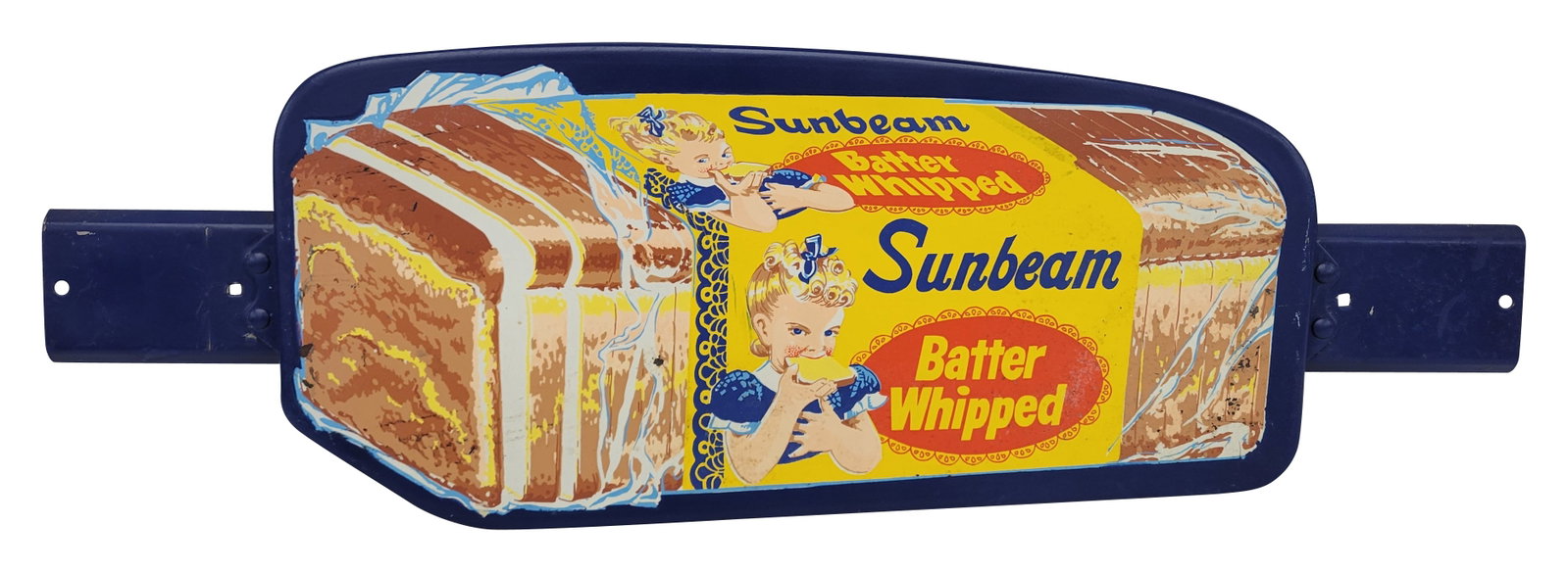 Sunbean Batter Whipped SST Door Push Sign: 26.5" x 8.75" SST door push displays good graphics with minor fading and small specks of flaked paint. The outer blue area surrounding the center graphics as well as the bracket have been repainted