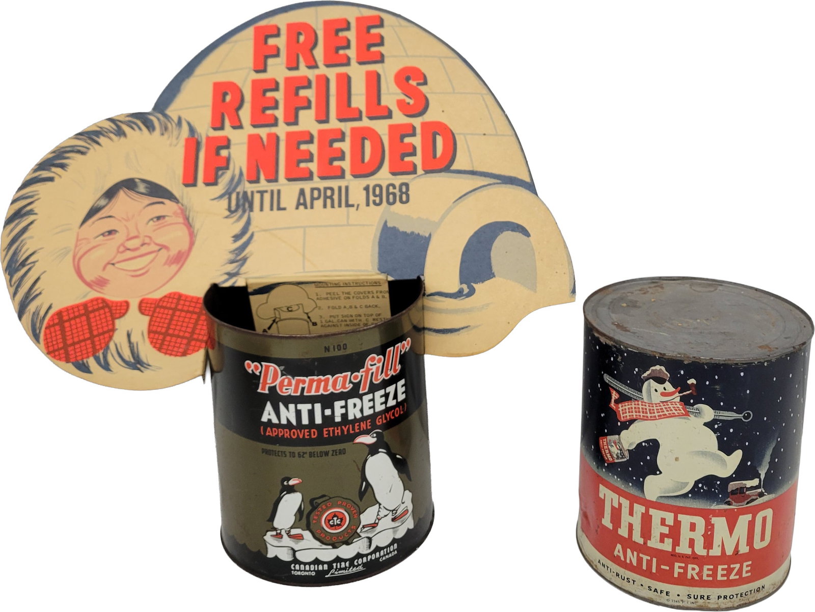 Group of 2 Metal Gallon Cans w/ Shell Eskimo Topper Thermo & Perma Fill w/ Penguins (1 of 2)