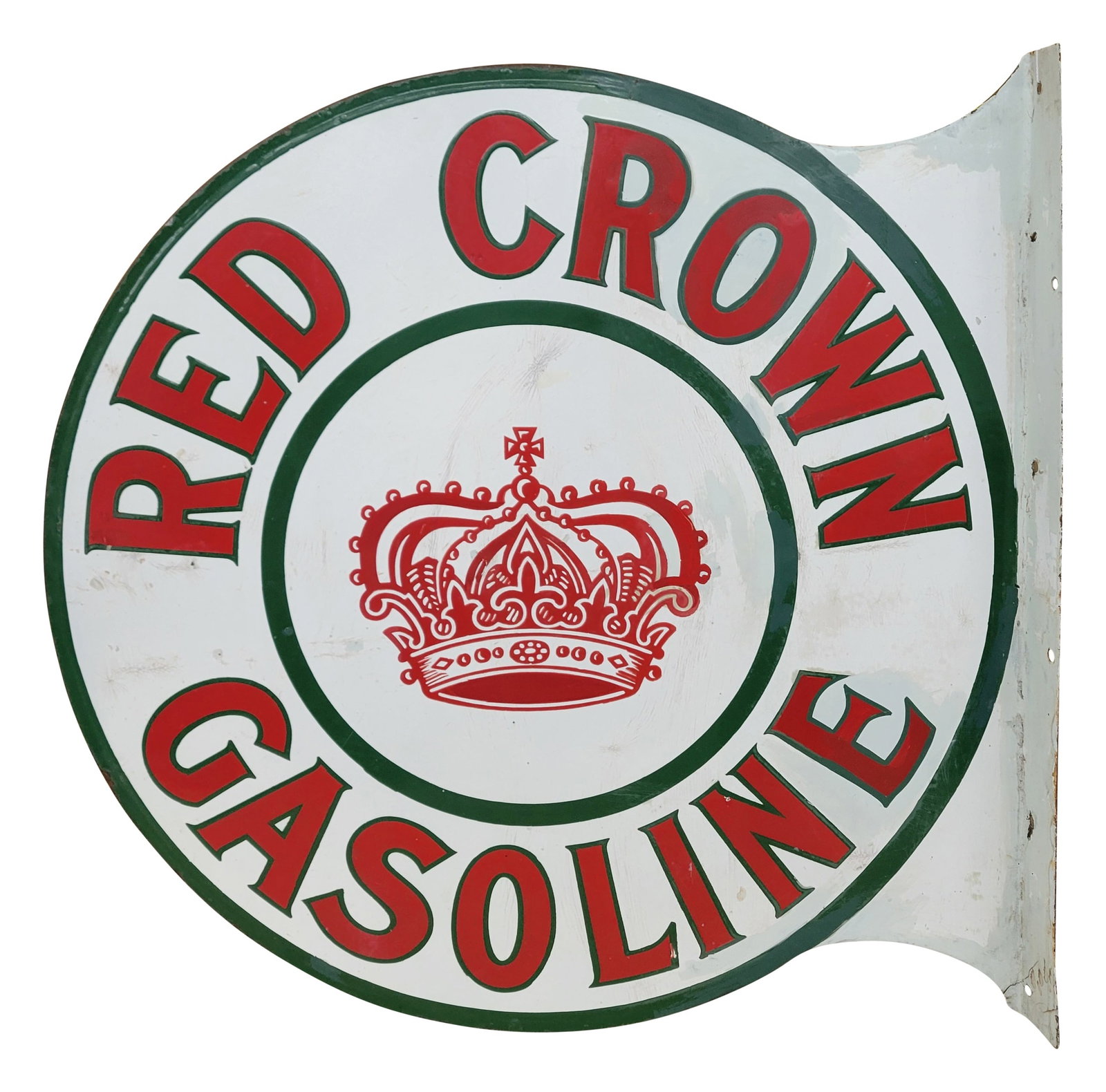 Red Crown Gasoline Porcelain Flange Sign: 26" x 25.5" DSP flange sign exhibits good colors with several color-matched touch-ups across the field and edges of both sides, along with minor areas of crackling porcelain. The flange section has a 