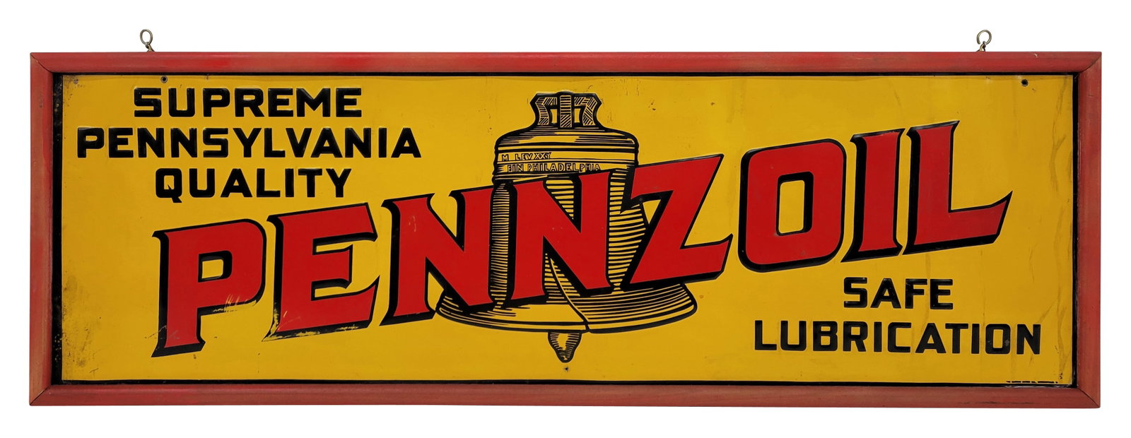 Supreme Pennsylvania Quality Pennzoil Safe Lubrication SST Sign: 37" x 12.5" SST sign features embossed lettering and is encased within a wood frame. The sign exhibits wear in the field with scuffs, scratches, and small bends throughout. The wood frame has moderate
