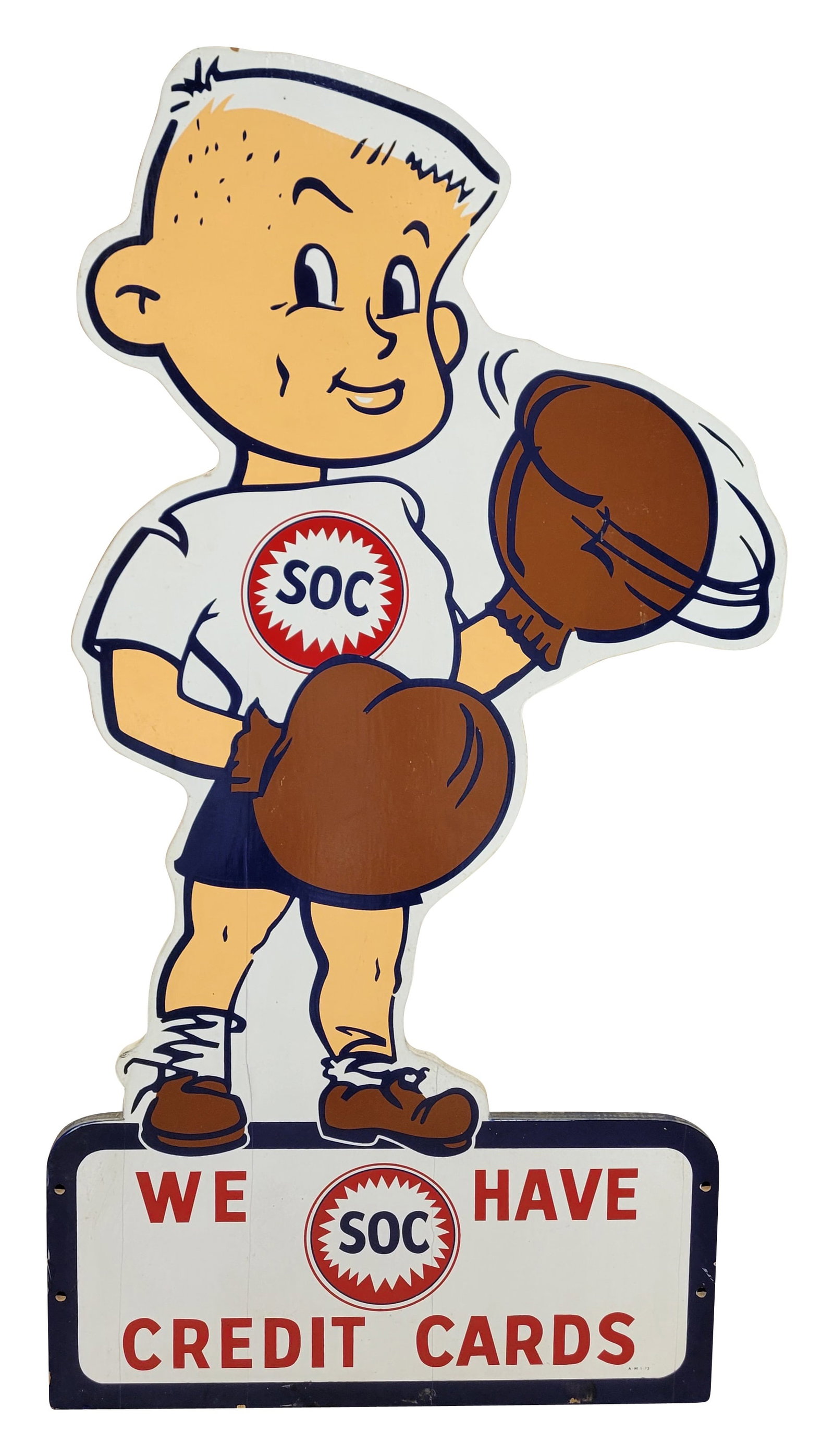 SOC Southern Oil Company We Have Credit Cards Wood Sign: 25" x 48" painted wood sign displays bright colors throughout each side. One side has several small vertical cracks in the paint. The sign displays well despite the small cracks.