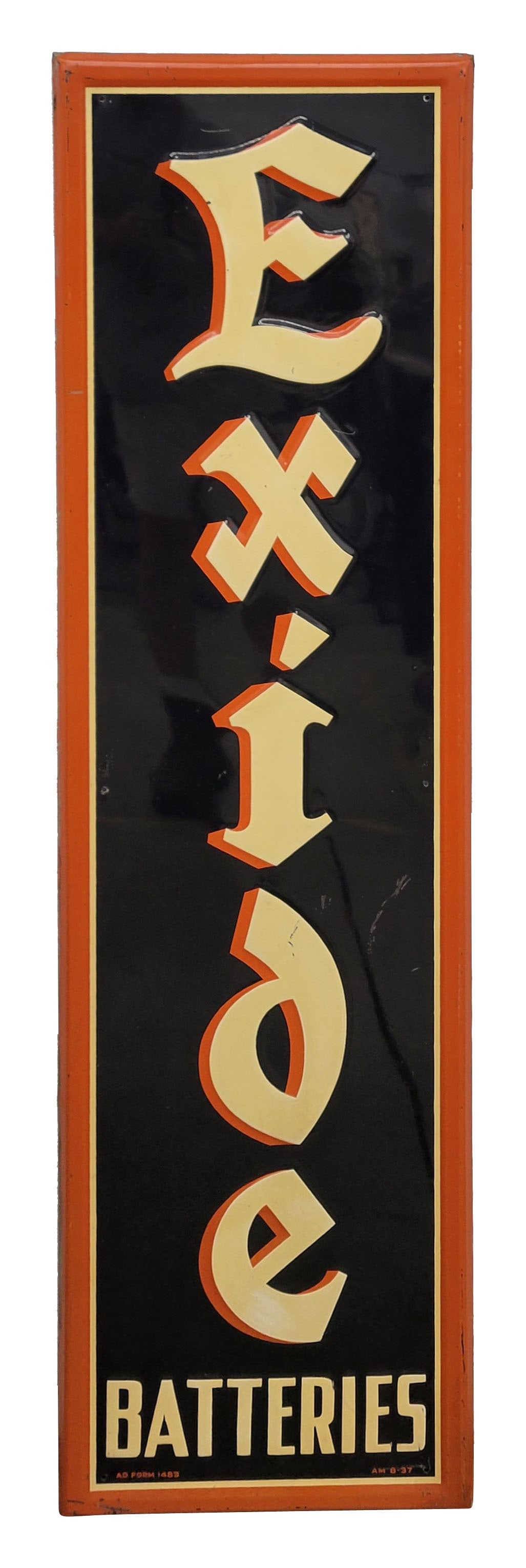 Exide Batteries Embossed Single Sided Tin Sign: 16" x 57" vertical self framed embossed SST sign exhibits strong color and high shine with a few scratches in the field. The self framed perimeter has wear with scratches and small areas of flaked pai
