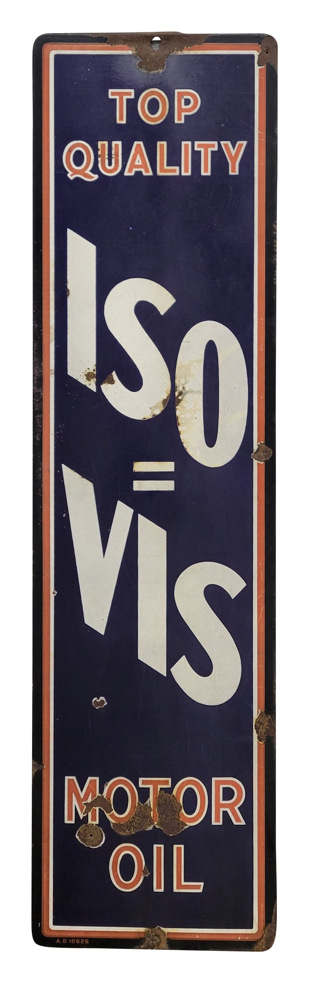 Top Quality ISO VIS Motor Oil Single Sided Porcelain Sign: 16" x 60" SSP sign features a rolled edge. It displays wear and fading throughout with discoloration, scratches, and porcelain chips. There is significant wear at the top mounting hole with porcelain 