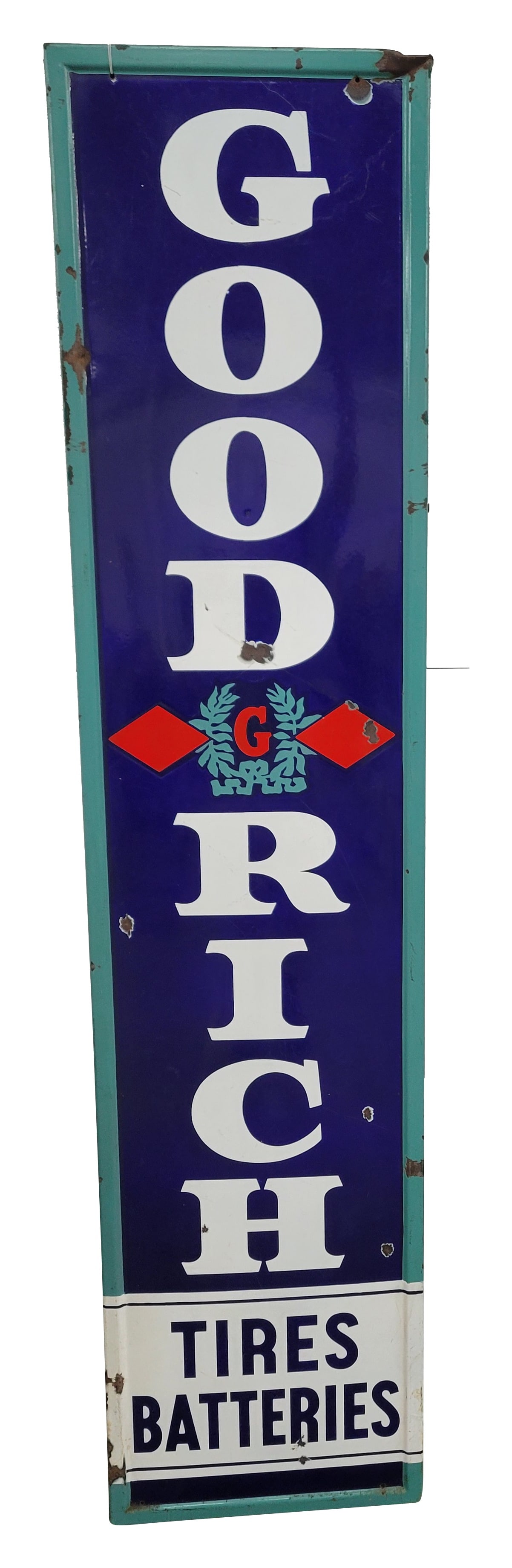 Goodrich Tires Batteries Single Sided Porcelain Sign: 18" x 78" SSP sign features a rolled edge. It displays bright colors, good gloss, and has chips both in the field and along the perimeter, along with minor scratches. The left edge has a bullet ding, 